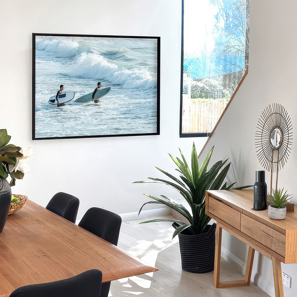 Two Ocean Surfers - Art Print, Poster, Stretched Canvas or Framed Wall Art, shown framed in a home interior space