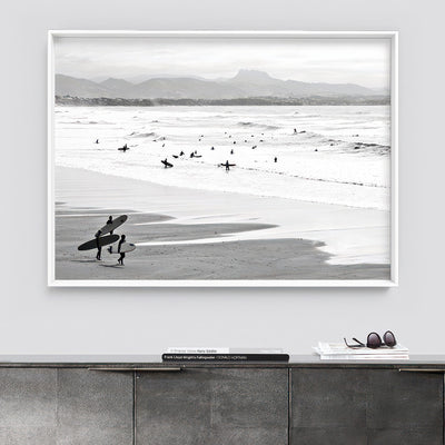 Catching the Surf B&W Landscape - Art Print, Poster, Stretched Canvas or Framed Wall Art Prints, shown framed in a room