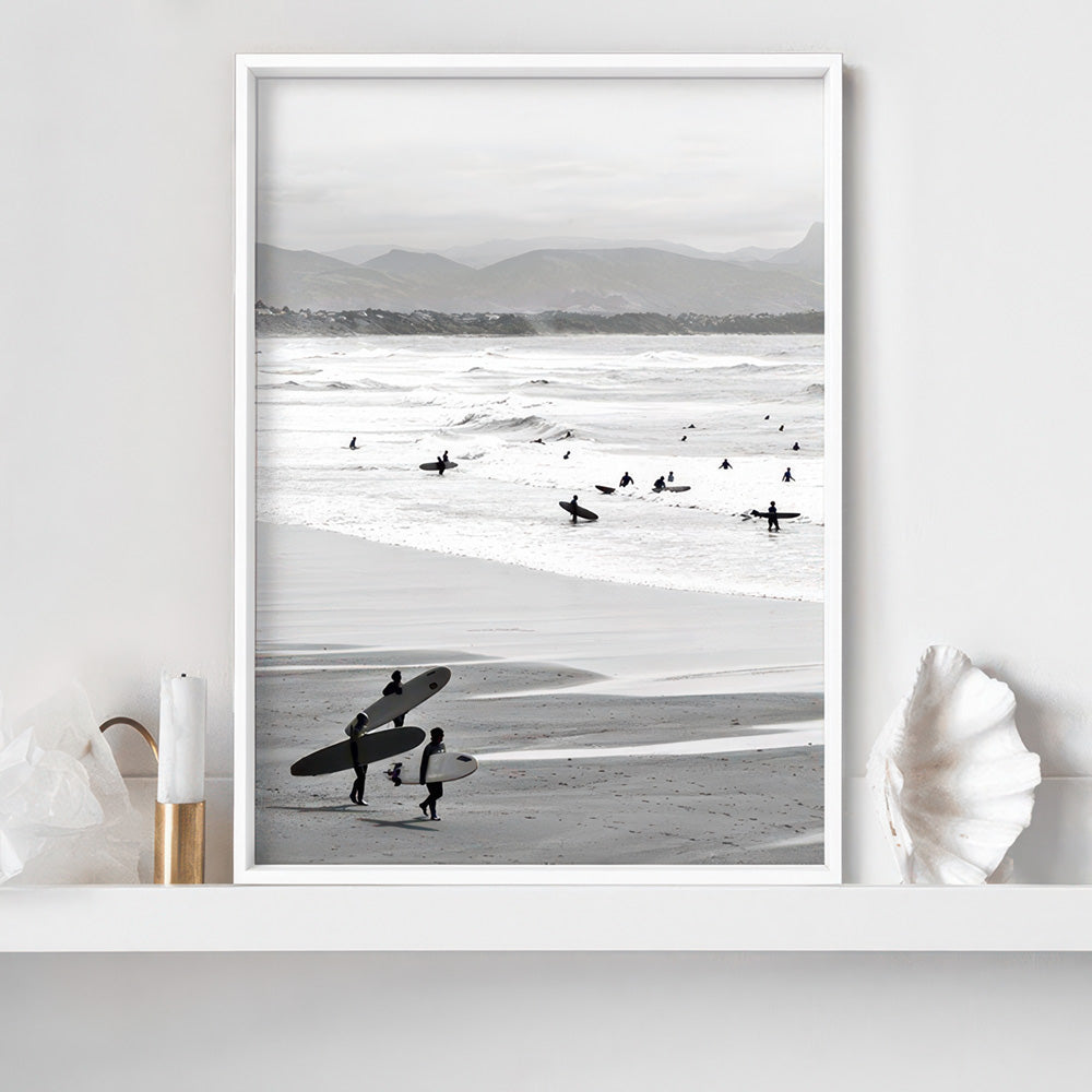 Catching the Surf B&W- Art Print, Poster, Stretched Canvas or Framed Wall Art Prints, shown framed in a room