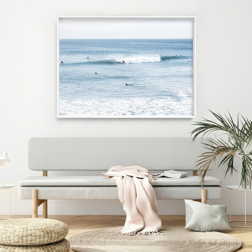 Blue Ocean Surfers - Art Print, Poster, Stretched Canvas or Framed Wall Art Prints, shown framed in a room