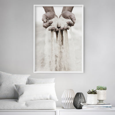 Sand Falling through Hands - Art Print, Poster, Stretched Canvas or Framed Wall Art Prints, shown framed in a room