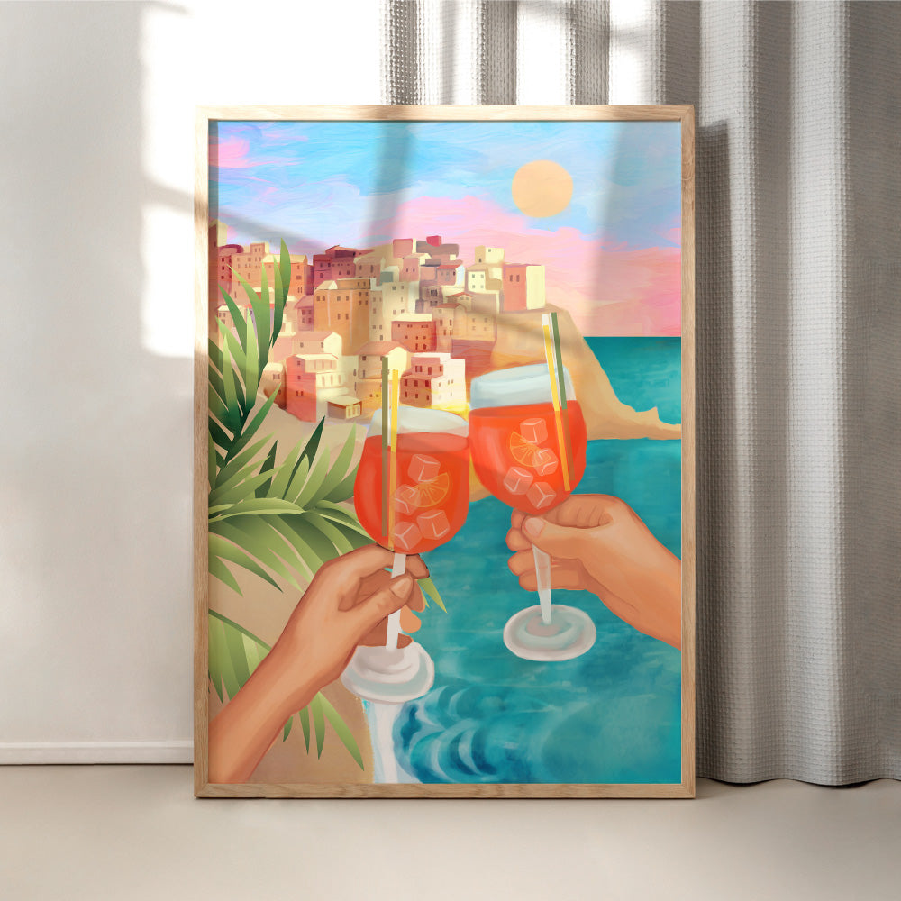 Aperol Sunset - Art Print by CityArt, Poster, Stretched Canvas or Framed Wall Art Prints, shown framed in a room