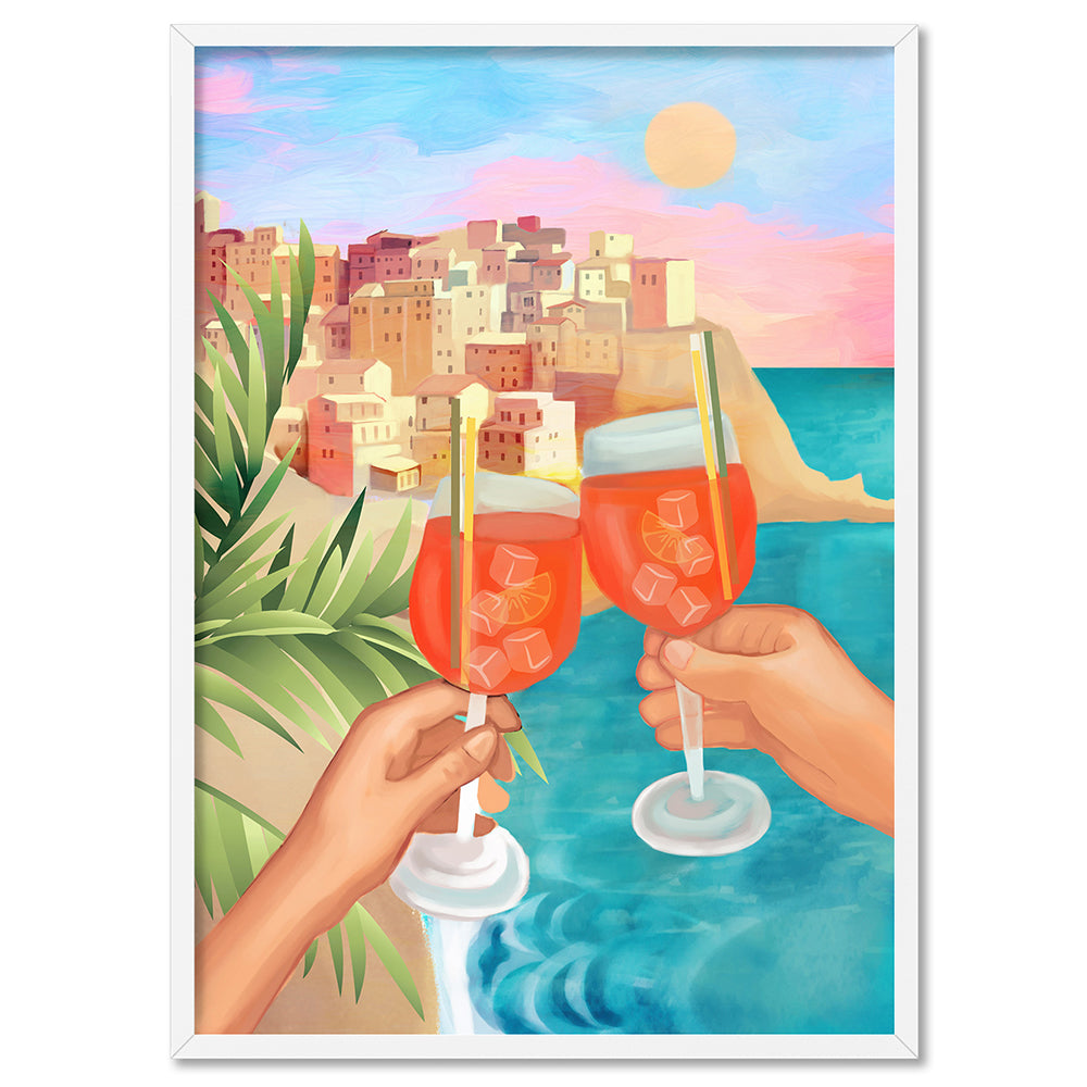 Aperol Sunset - Art Print by CityArt, Poster, Stretched Canvas, or Framed Wall Art Print, shown in a white frame