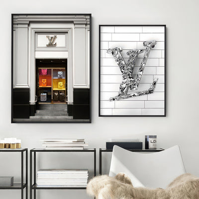 Louis V Baggage Collection - Art Print, Poster, Stretched Canvas or Framed Wall Art, shown framed in a home interior space