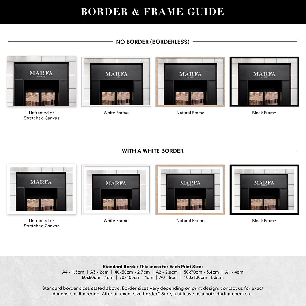 Marfa Store Entrance - Art Print, Poster, Stretched Canvas or Framed Wall Art, Showing White , Black, Natural Frame Colours, No Frame (Unframed) or Stretched Canvas, and With or Without White Borders