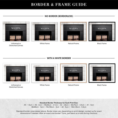 Marfa Store Entrance - Art Print, Poster, Stretched Canvas or Framed Wall Art, Showing White , Black, Natural Frame Colours, No Frame (Unframed) or Stretched Canvas, and With or Without White Borders