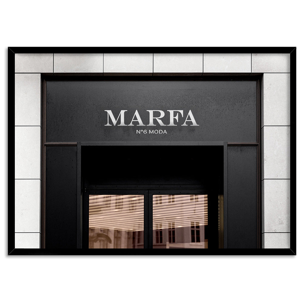 Marfa Store Entrance - Art Print, Poster, Stretched Canvas, or Framed Wall Art Print, shown in a black frame