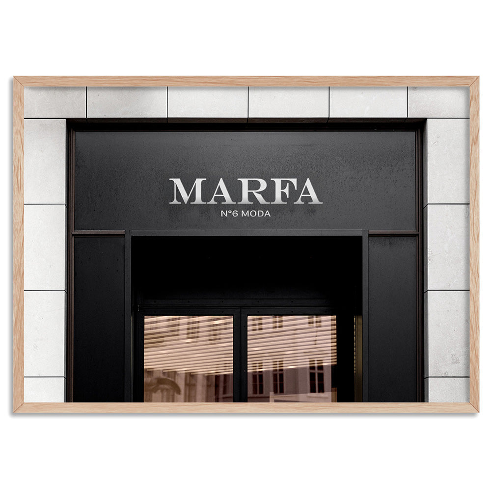 Marfa Store Entrance - Art Print, Poster, Stretched Canvas, or Framed Wall Art Print, shown in a natural timber frame