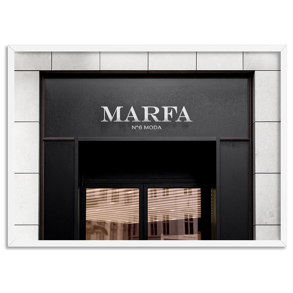 Marfa Store Entrance - Art Print, Poster, Stretched Canvas, or Framed Wall Art Print, shown in a white frame