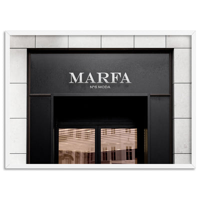 Marfa Store Entrance - Art Print, Poster, Stretched Canvas, or Framed Wall Art Print, shown in a white frame