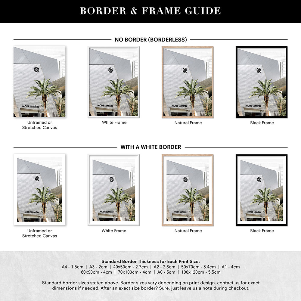 Mode Lumiere Rodeo Drive - Art Print, Poster, Stretched Canvas or Framed Wall Art, Showing White , Black, Natural Frame Colours, No Frame (Unframed) or Stretched Canvas, and With or Without White Borders