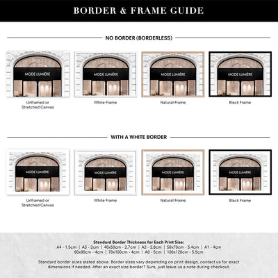 Mode Lumiere Arch Entrance in Blush - Art Print, Poster, Stretched Canvas or Framed Wall Art, Showing White , Black, Natural Frame Colours, No Frame (Unframed) or Stretched Canvas, and With or Without White Borders