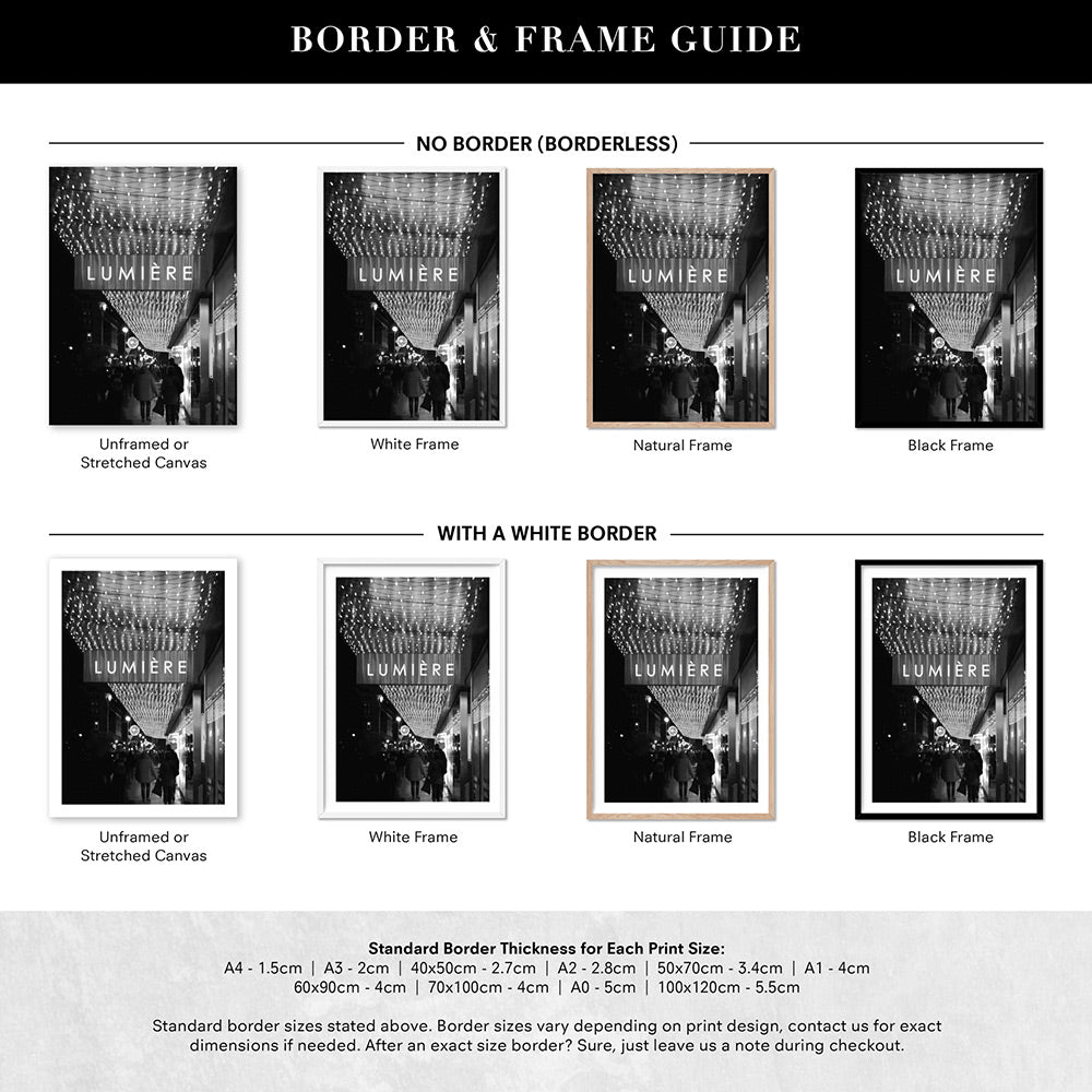 Lumiere Lights B&W - Art Print, Poster, Stretched Canvas or Framed Wall Art, Showing White , Black, Natural Frame Colours, No Frame (Unframed) or Stretched Canvas, and With or Without White Borders