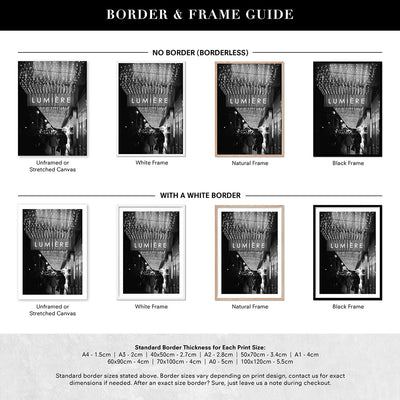 Lumiere Lights B&W - Art Print, Poster, Stretched Canvas or Framed Wall Art, Showing White , Black, Natural Frame Colours, No Frame (Unframed) or Stretched Canvas, and With or Without White Borders