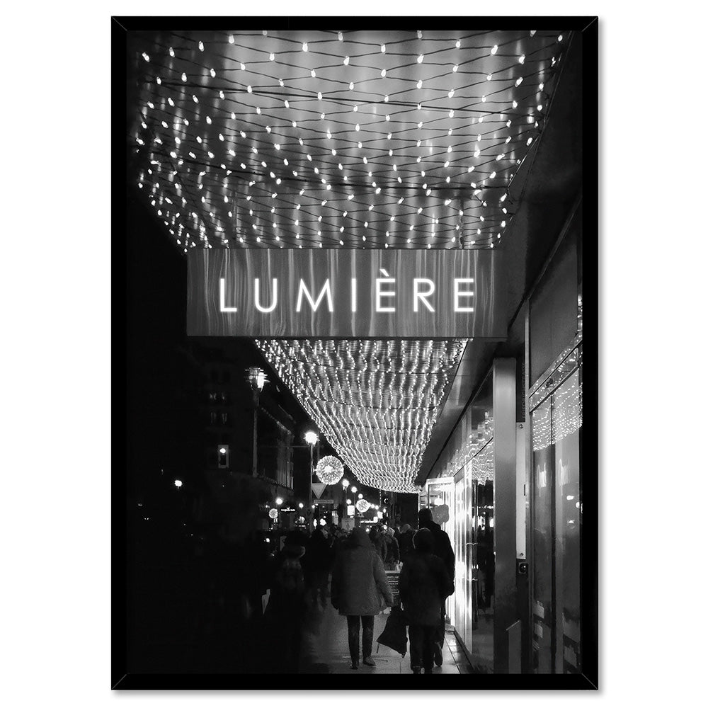 Lumiere Lights B&W - Art Print, Poster, Stretched Canvas, or Framed Wall Art Print, shown in a black frame