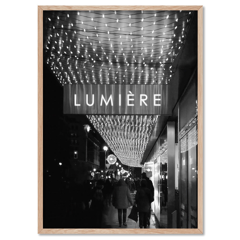 Lumiere Lights B&W - Art Print, Poster, Stretched Canvas, or Framed Wall Art Print, shown in a natural timber frame