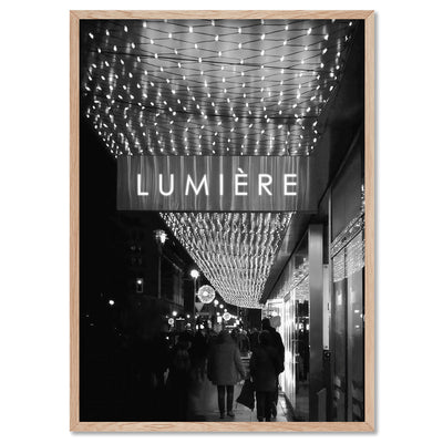 Lumiere Lights B&W - Art Print, Poster, Stretched Canvas, or Framed Wall Art Print, shown in a natural timber frame