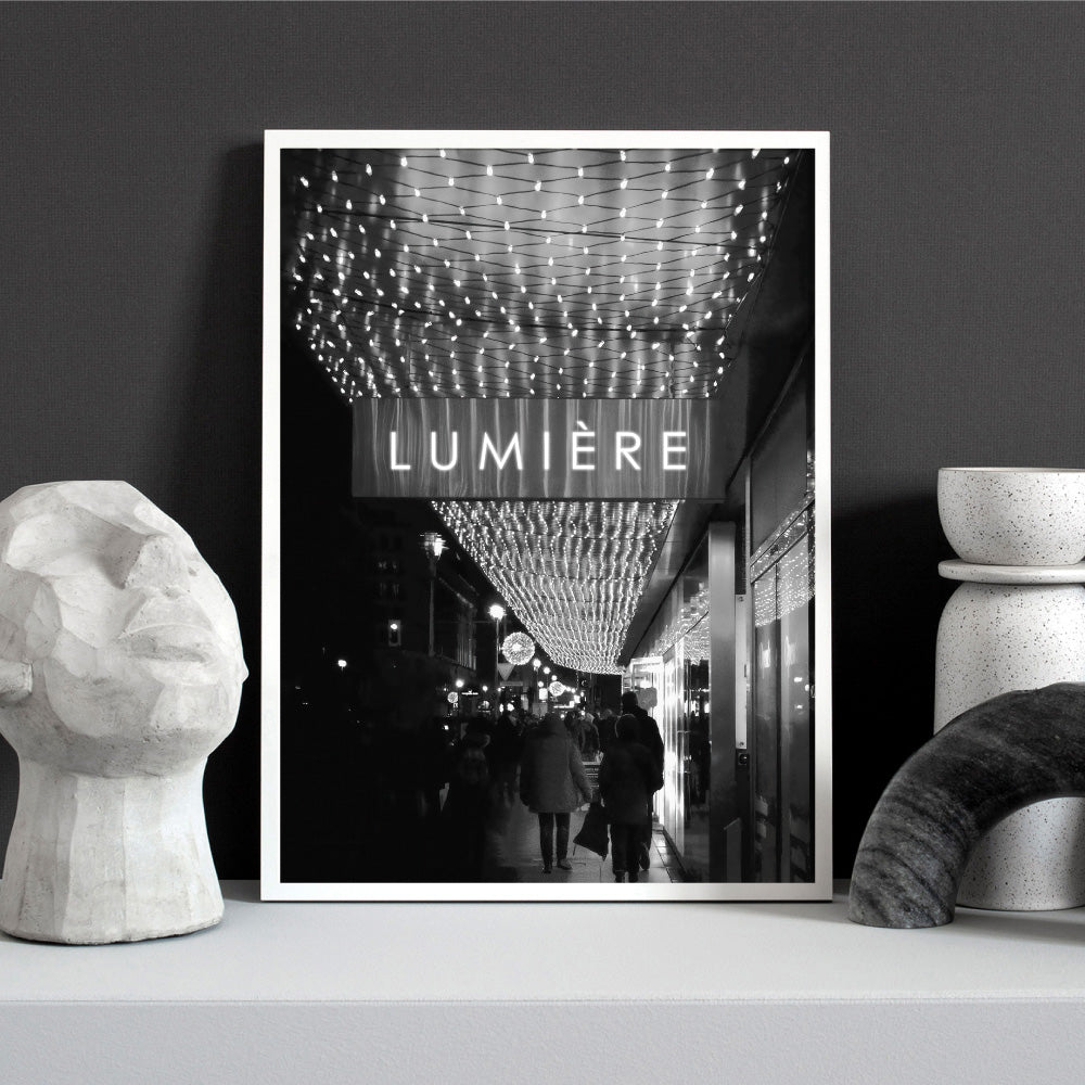 Lumiere Lights B&W - Art Print, Poster, Stretched Canvas or Framed Wall Art Prints, shown framed in a room