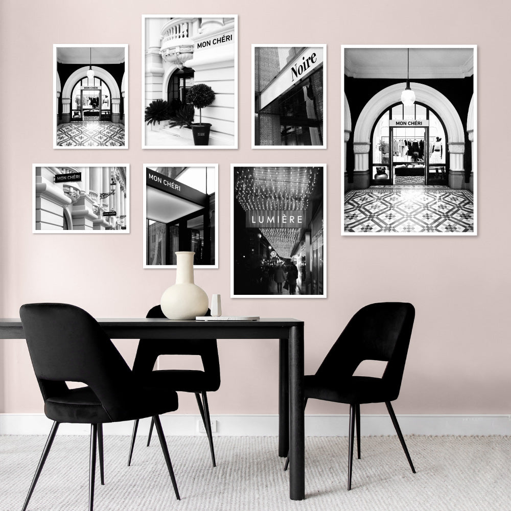 Lumiere Lights B&W - Art Print, Poster, Stretched Canvas or Framed Wall Art, shown framed in a home interior space