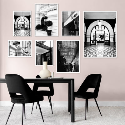 Lumiere Lights B&W - Art Print, Poster, Stretched Canvas or Framed Wall Art, shown framed in a home interior space