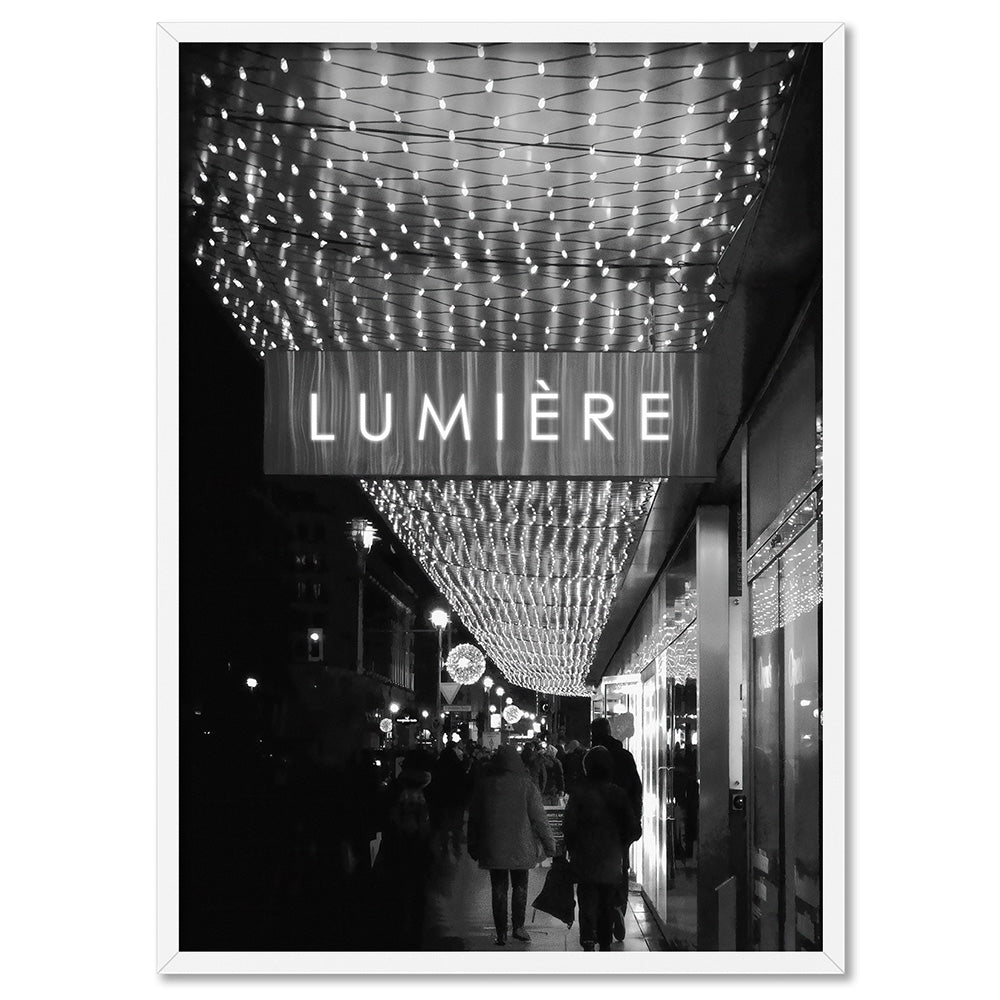 Lumiere Lights B&W - Art Print, Poster, Stretched Canvas, or Framed Wall Art Print, shown in a white frame