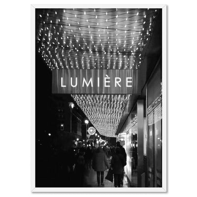 Lumiere Lights B&W - Art Print, Poster, Stretched Canvas, or Framed Wall Art Print, shown in a white frame