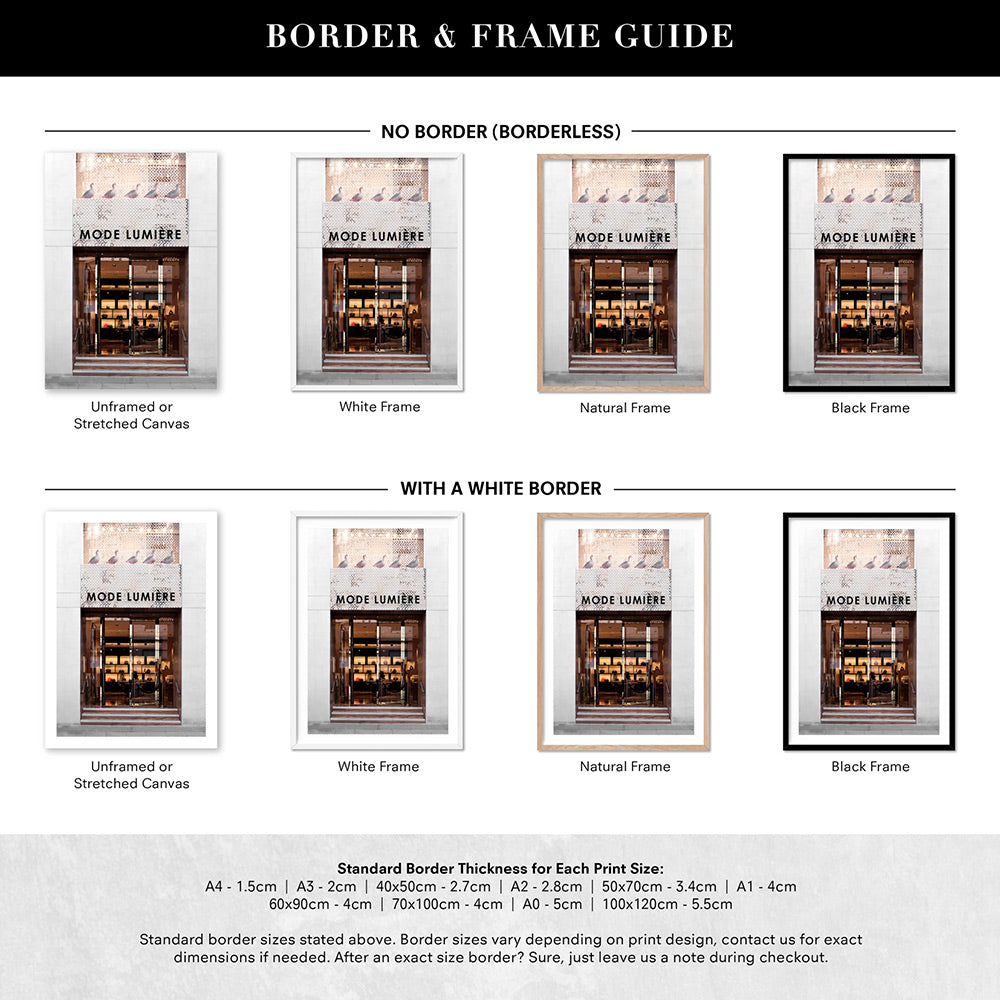 Mode Lumiere Entrance  - Art Print, Poster, Stretched Canvas or Framed Wall Art, Showing White , Black, Natural Frame Colours, No Frame (Unframed) or Stretched Canvas, and With or Without White Borders