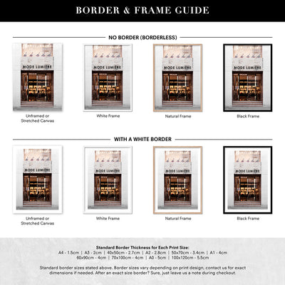 Mode Lumiere Entrance  - Art Print, Poster, Stretched Canvas or Framed Wall Art, Showing White , Black, Natural Frame Colours, No Frame (Unframed) or Stretched Canvas, and With or Without White Borders