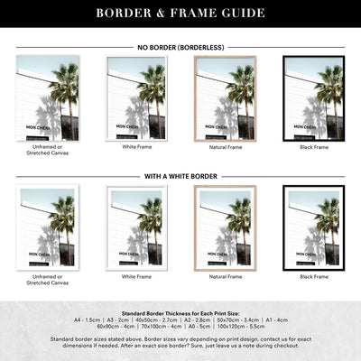 Mon Cheri Rodeo Drive - Art Print, Poster, Stretched Canvas or Framed Wall Art, Showing White , Black, Natural Frame Colours, No Frame (Unframed) or Stretched Canvas, and With or Without White Borders