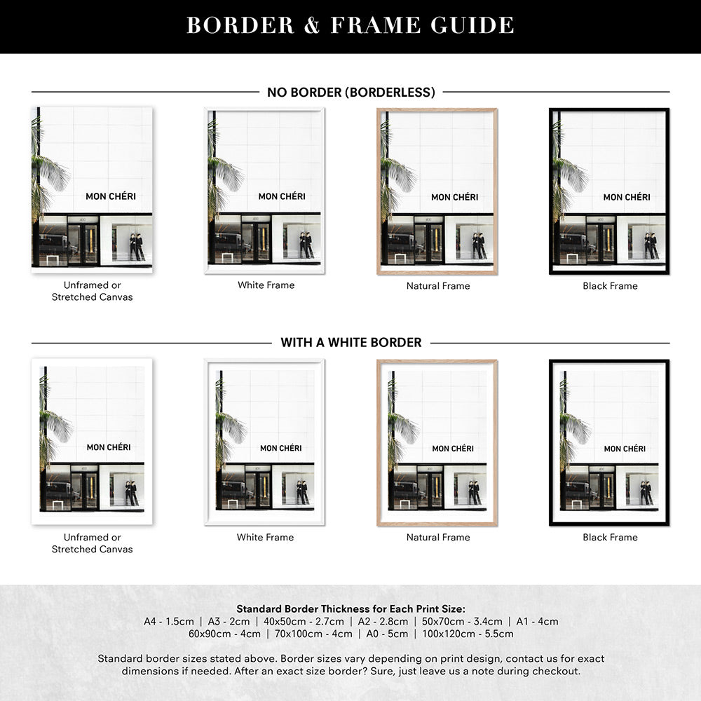 Mon Cheri Rodeo Drive III - Art Print, Poster, Stretched Canvas or Framed Wall Art, Showing White , Black, Natural Frame Colours, No Frame (Unframed) or Stretched Canvas, and With or Without White Borders