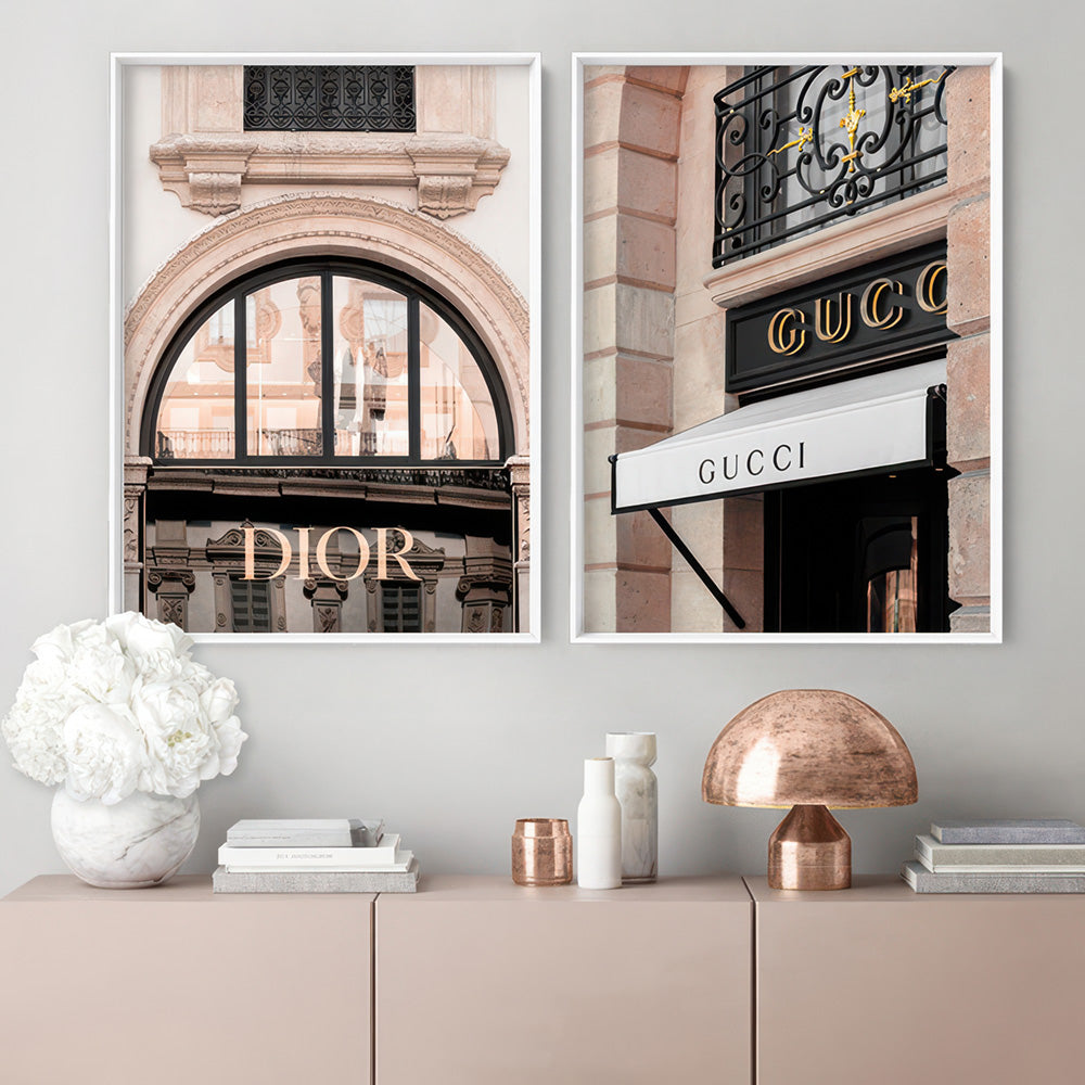 Gucci Facade in Blush - Art Print, Poster, Stretched Canvas or Framed Wall Art, shown framed in a home interior space