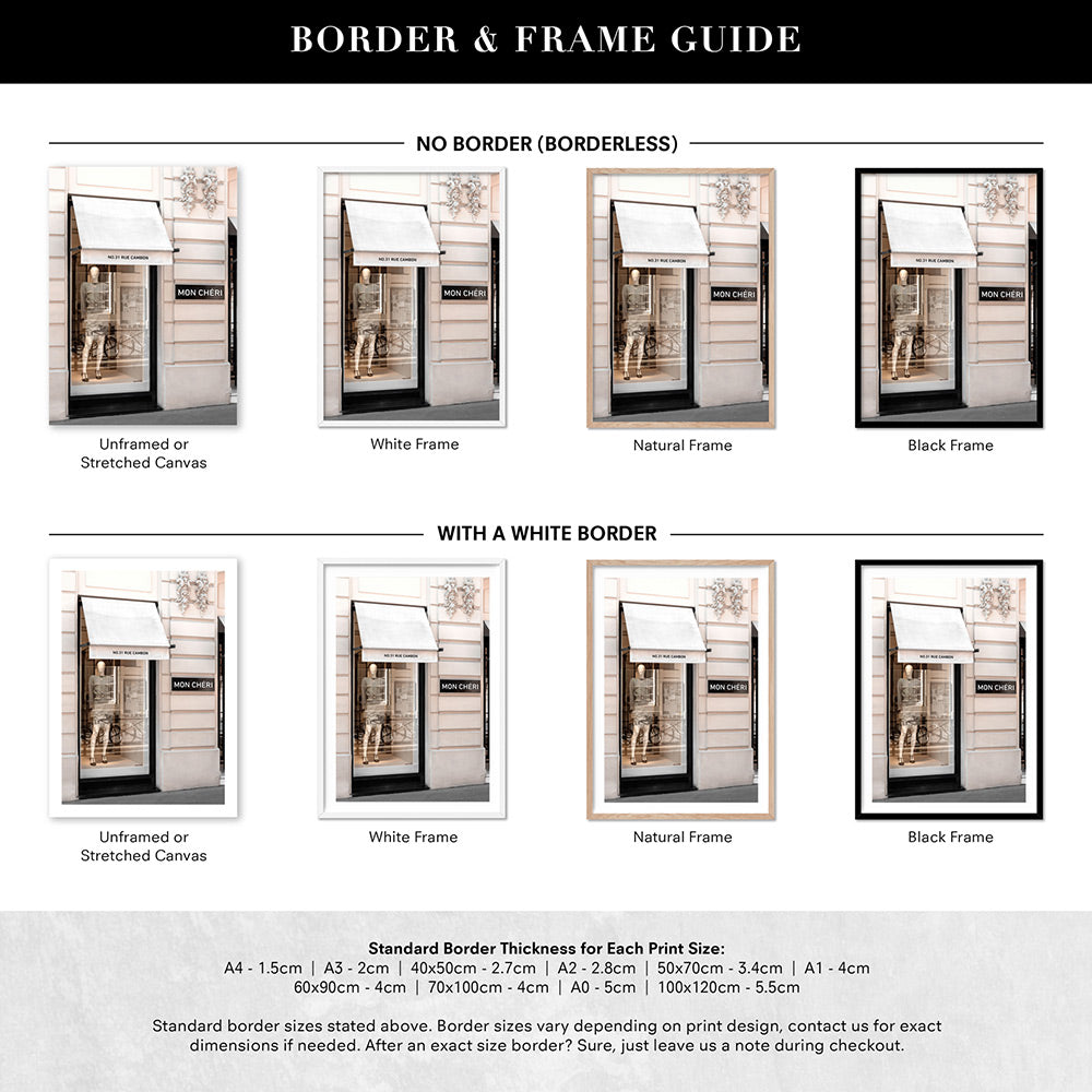 Mon Cheri Rue Cambon - Art Print, Poster, Stretched Canvas or Framed Wall Art, Showing White , Black, Natural Frame Colours, No Frame (Unframed) or Stretched Canvas, and With or Without White Borders