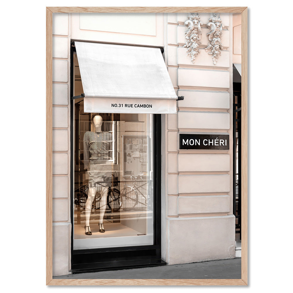 Mon Cheri Rue Cambon - Art Print, Poster, Stretched Canvas, or Framed Wall Art Print, shown in a natural timber frame
