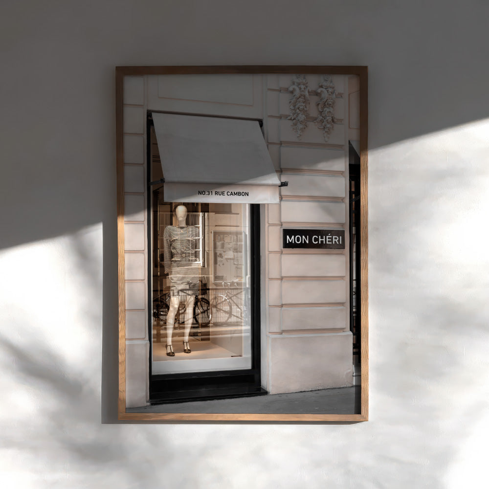 Mon Cheri Rue Cambon - Art Print, Poster, Stretched Canvas or Framed Wall Art Prints, shown framed in a room