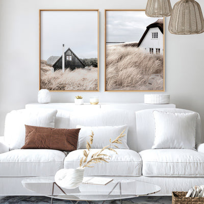 Nordic Lake Cabin III - Art Print, Poster, Stretched Canvas or Framed Wall Art, shown framed in a home interior space