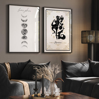 Lunar Moon Phases - Art Print, Poster, Stretched Canvas or Framed Wall Art, shown framed in a home interior space