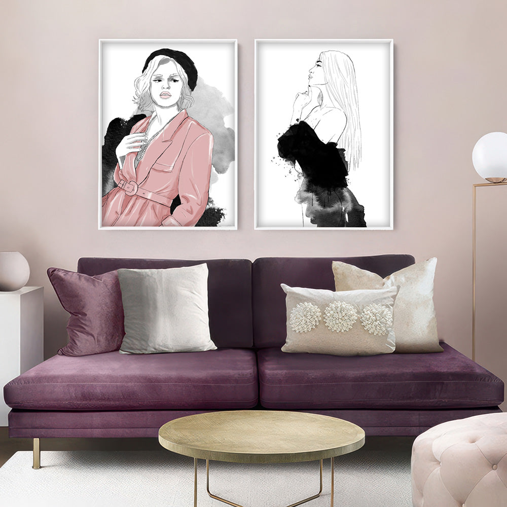 Fashion Illustration | Luna -  Art Print by Vanessa, Poster, Stretched Canvas or Framed Wall Art, shown framed in a home interior space