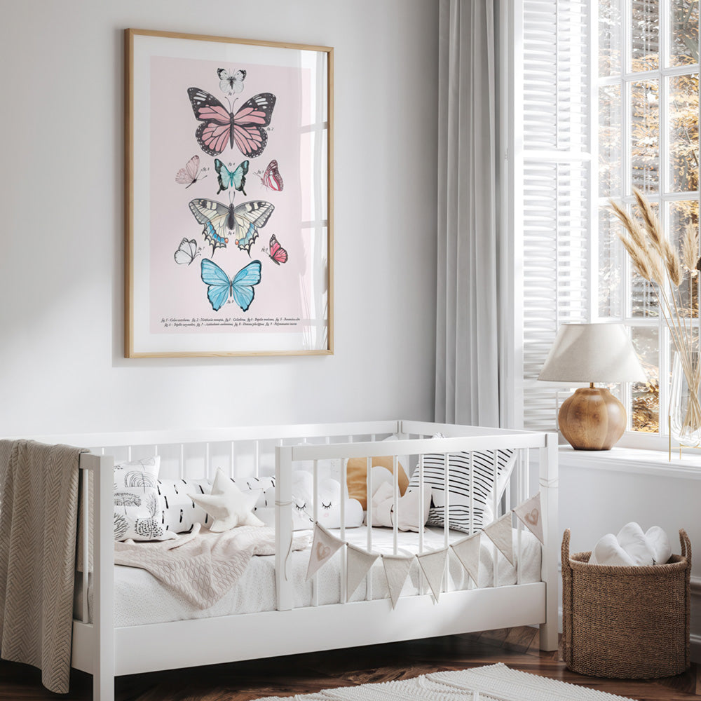 Pastel Boho Butterfly Chart - Art Print, Poster, Stretched Canvas or Framed Wall Art, shown framed in a home interior space