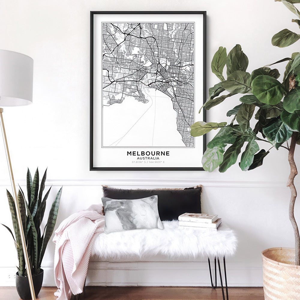 City Map | MELBOURNE - Art Print, Poster, Stretched Canvas or Framed Wall Art Prints, shown framed in a room