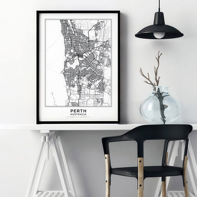 City Map | PERTH - Art Print, Poster, Stretched Canvas or Framed Wall Art Prints, shown framed in a room