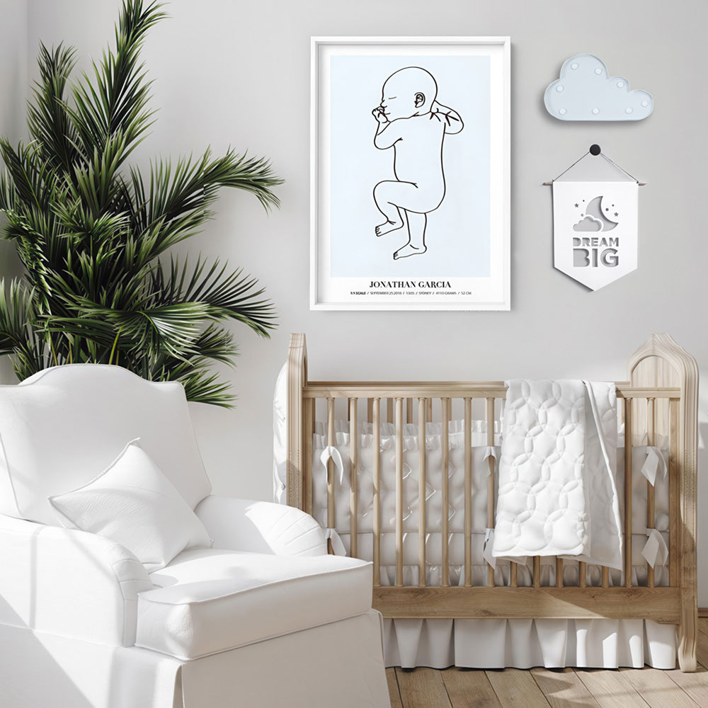 Custom Baby Birth Print - Line Art Style | 50x70cm (20x28" in USA), Poster, Stretched Canvas or Framed Wall Art, shown framed in a room