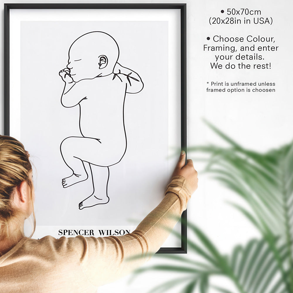 Custom Baby Birth Print - Line Art Style | 50x70cm (20x28" in USA), Poster, Stretched Canvas or Framed Wall Art, shown framed in a home interior space