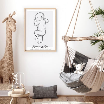 Custom Baby Birth Print - Sketched Style | 50x70cm (20x28" in USA), Poster, Stretched Canvas or Framed Wall Art, shown framed in a room