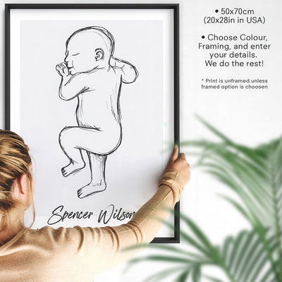 Custom Baby Birth Print - Sketched Style | 50x70cm (20x28" in USA), Poster, Stretched Canvas or Framed Wall Art, shown framed in a home interior space