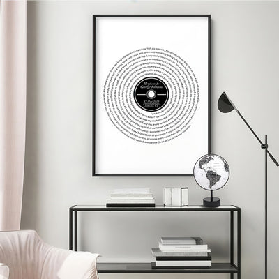 Custom Lyrics Vinyl Record Style. First Dance Song - Art Print, Poster, Stretched Canvas or Framed Wall Art, shown framed in a home interior space