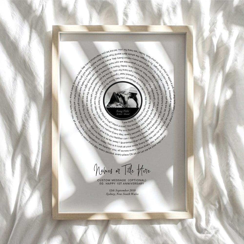 Custom Lyrics Vinyl Record Style | Song and Photo - Art Print, Poster, Stretched Canvas or Framed Wall Art Prints, shown framed in a room