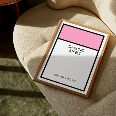 Custom Monopoly Street Name - Art Print, Poster, Stretched Canvas or Framed Wall Art Prints, shown framed in a room