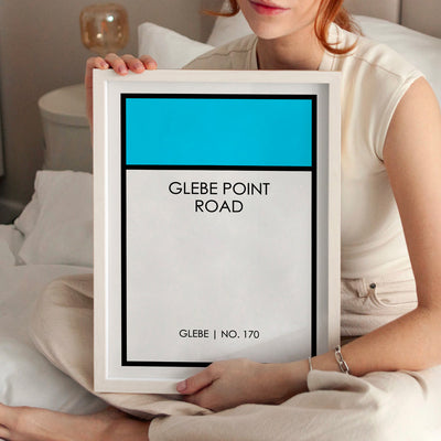 Custom Monopoly Street Name - Art Print, Poster, Stretched Canvas or Framed Wall Art, shown framed in a home interior space