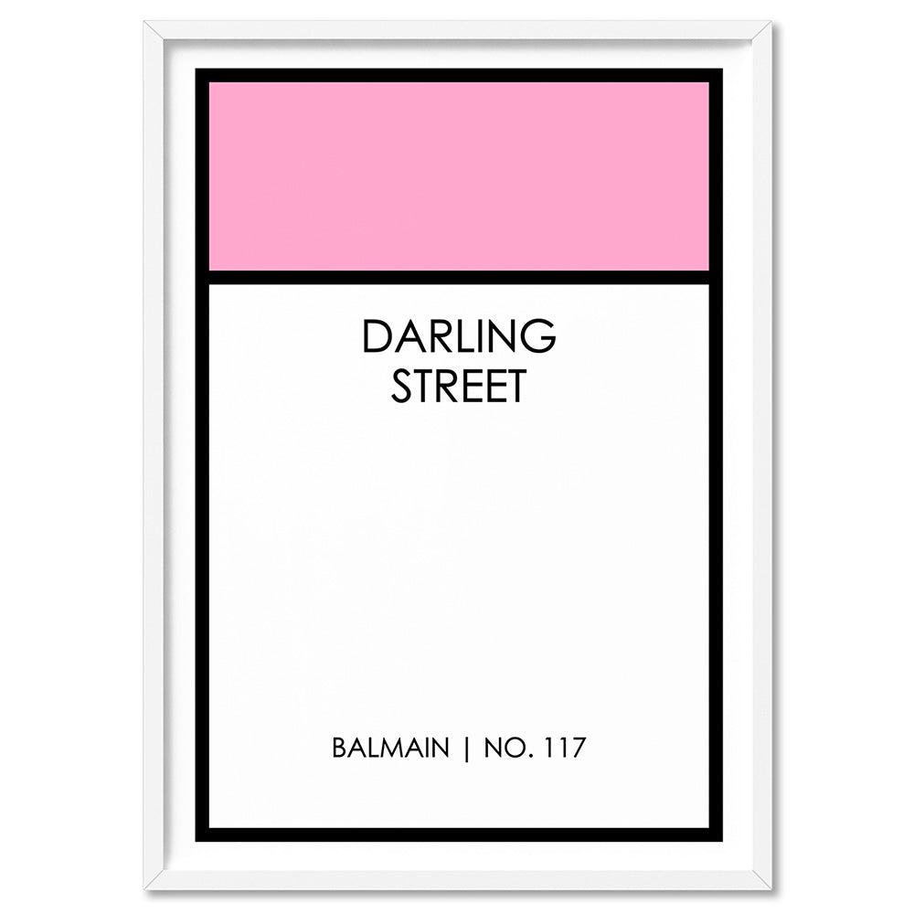 Custom Monopoly Street Name - Art Print, Poster, Stretched Canvas, or Framed Wall Art Print, shown in a white frame