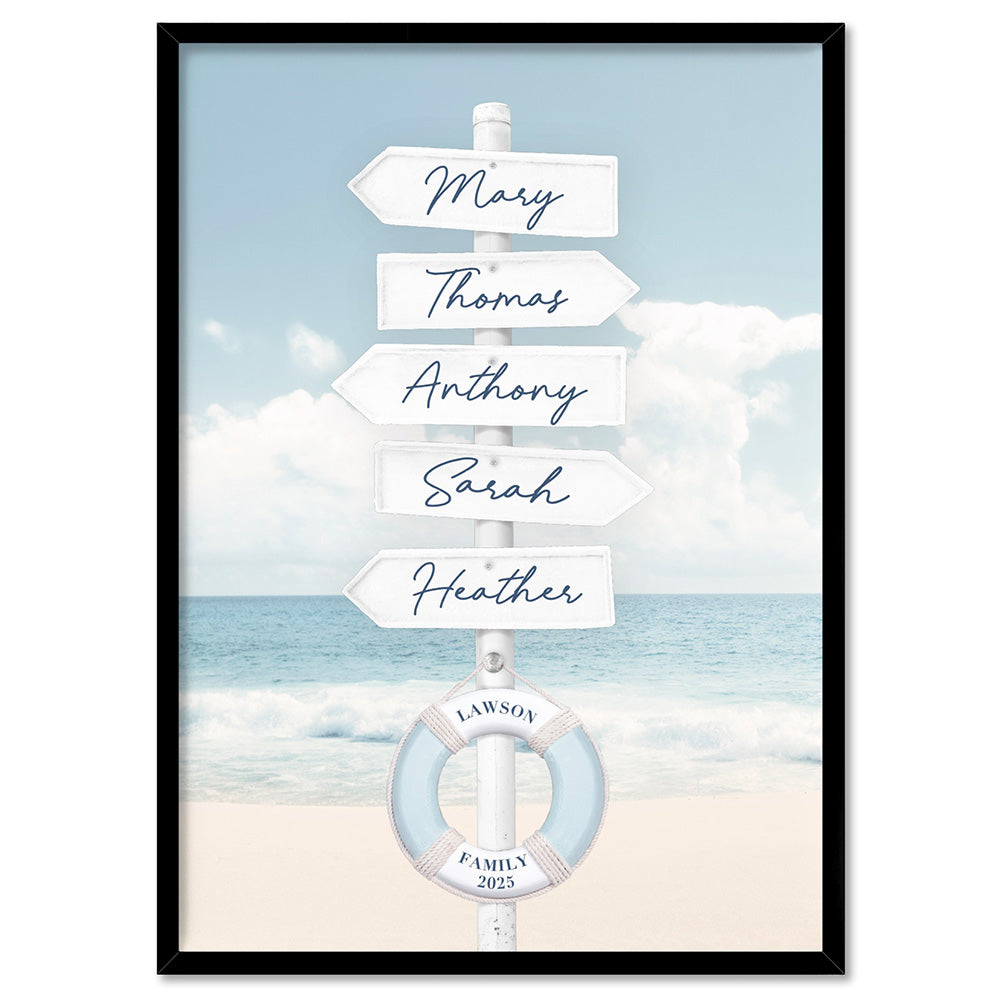Custom Coastal Street Signs - Art Print, Poster, Stretched Canvas, or Framed Wall Art Print, shown in a black frame